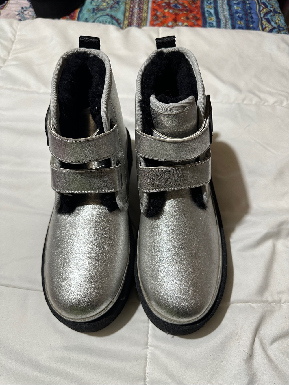 UGG Kids Silver Metallic Strap Boots with Black Faux Fur